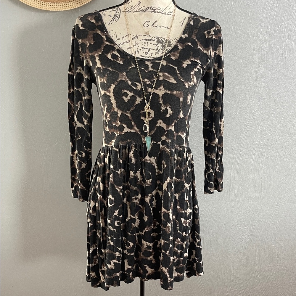 Cotton On Leopard Print Long Sleeve Skater Dress Black Taupe Small